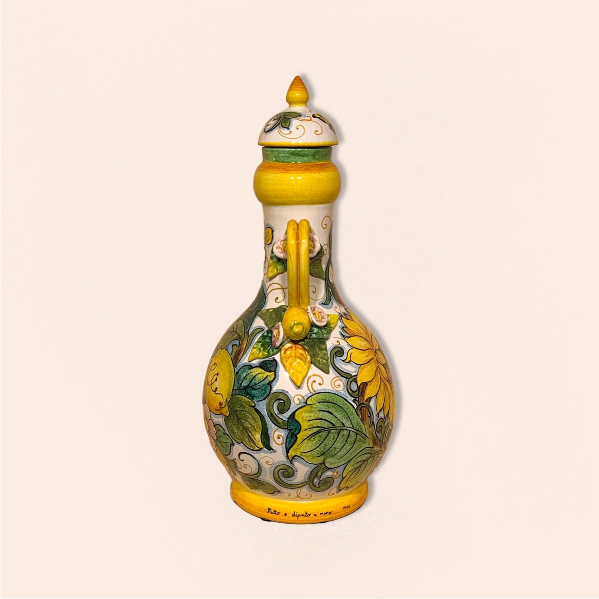 VASE CM.60H WITH LID. DESIGN: LEMONS, SUNFLOWER AND POPPIES